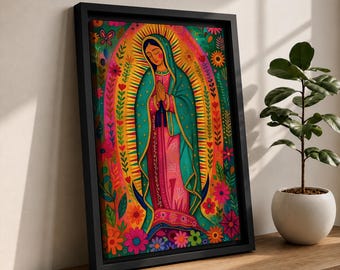Cuadro de pared de Nuestra Señora de Guadalupe con halo floral, lienzo enmarcado, Virgencita, decoración católica mexicana.