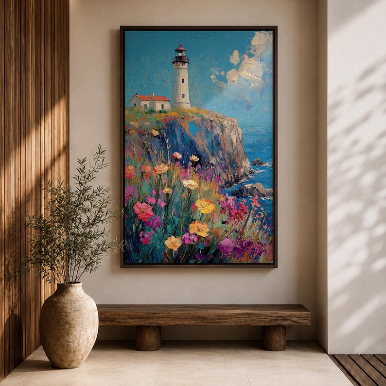 Lighthouse Wall Art, Coastal Wildflower Cliff Abstract Canvas Print, Living Room Decor image 6