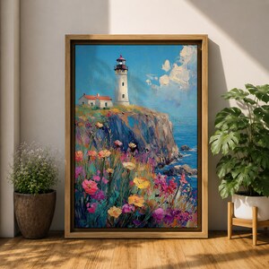 Lighthouse Wall Art, Coastal Wildflower Cliff Abstract Canvas Print, Living Room Decor image 7
