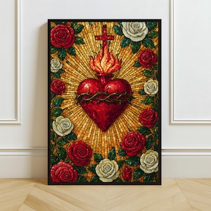 Sacred Heart Mosaic Art Print: Christian Floral Decor (Digital / Print / Canvas / Framed)