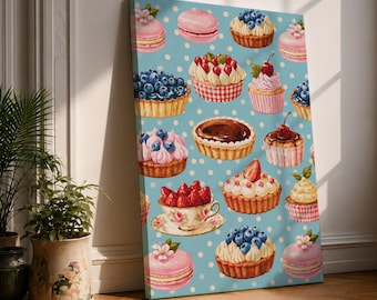 Vintage Bakery Canvas Print, Pink Macarons, Cupcakes, Fruit Tarts, Retro Pastel Blue Kitchen Painting