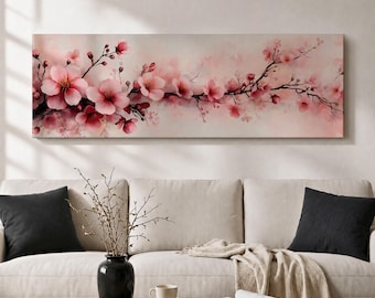 Pink Cherry Blossom Wall Art, Japanese Sakura Floral Canvas, Long Horizontal Botanical Decor