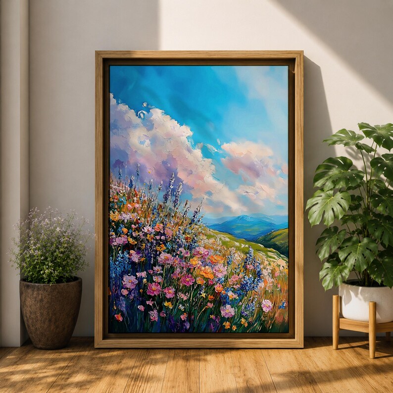 Väggkonst med vildblomsäng Botaniskt landskap Inramad canvas Impasto Landskap Bondgård Heminredning bild 7