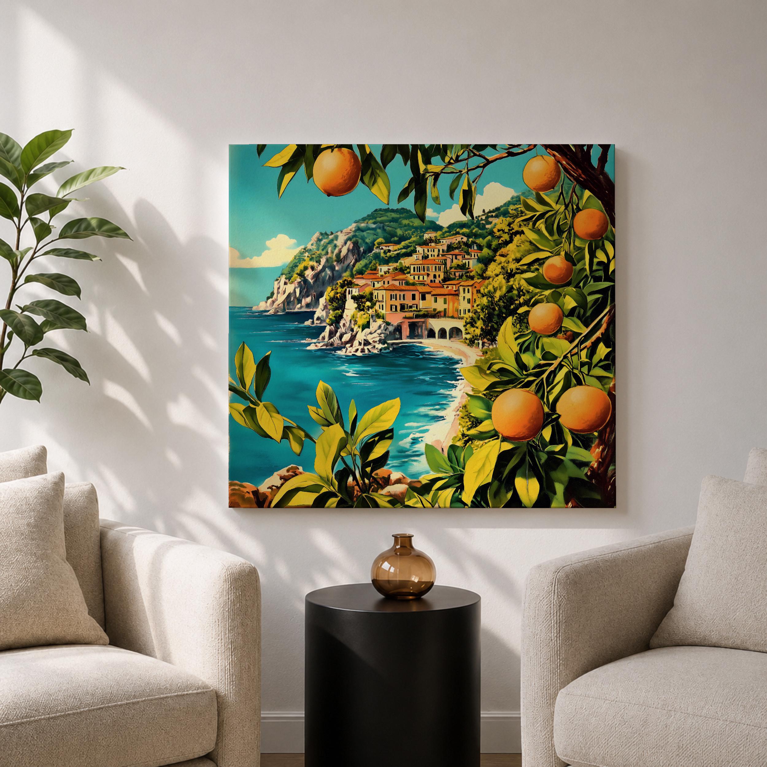 Mediterranean Orange Grove Wall Art Coastal Citrus Framed Canvas