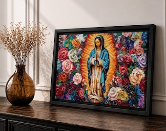 Our Lady Guadalupe Wall Art, Catholic Canvas Print, Colorful Floral Madonna Painting, Christian Decor