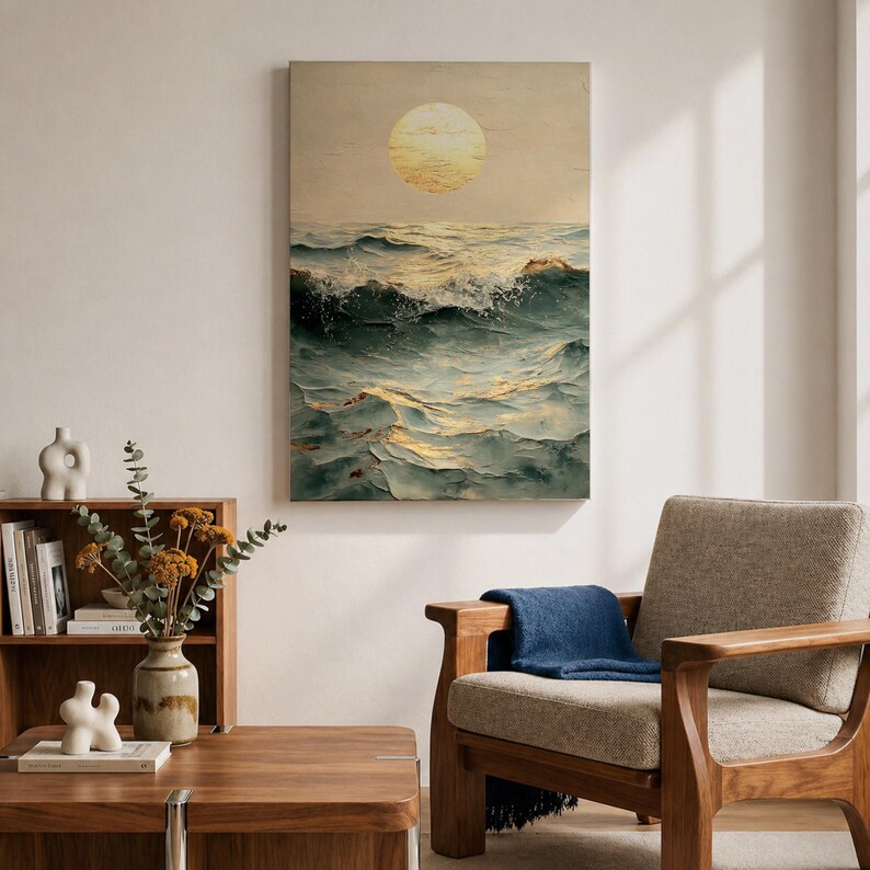 Ocean Waves Wall Art Golden Sunset Framed Canvas Coastal Vintage ...