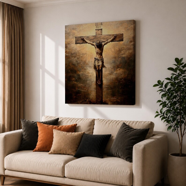 Jesus Crucifixion Wall Art Christ on the Cross Framed Canvas Vintage Christian Home Decor