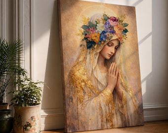 Praying Virgin Mary Wall Art Madonna Prayer Framed Canvas Floral Sacred Catholic Decor