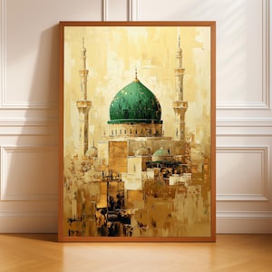 Masjid Al Nabawi Wall Art, Green Dome Printable Medina Mosque, Islamic Digital Download, Muslim Home Decor, Prophet’s Mosque Poster