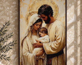 Holy Family Canvas Print, Jesus Mary Joseph Sacred Heartwarming Embrace, Gold Christian Nativity Art