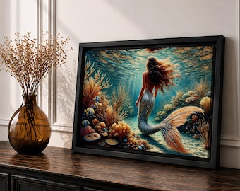Cuadro de sirena, doncella del mar, lienzo enmarcado, fantasía oceánica, mitología, decoración costera para el hogar.