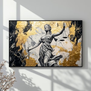 Justitia Digital Art Print, Wanddekor in Gold und Marmor, Rechtliche Horizontale Wandkunst, Elegante Gerechtigkeit Leinwandkunst