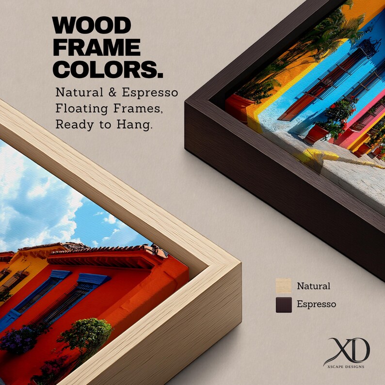 Puede incluir: Dos marcos de madera flotantes en acabados natural y espresso, cada uno con una impresi&oacute;n arquitect&oacute;nica colorida. El texto dice: WOOD FRAME COLORS. Natural & Espresso Floating Frames, Ready to Hang. Incluye muestras de color y el logotipo XD.