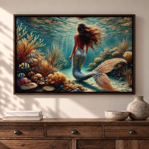 Mermaid Canvas Print, Underwater Coral Reef Painting, Ocean Fantasy Art, Mermaid Tail, Coastal Decor