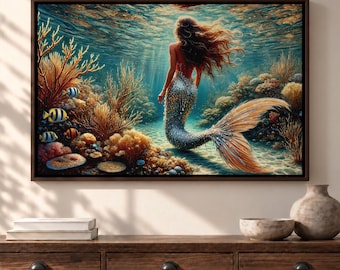 Mermaid Canvas Print, Underwater Coral Reef Painting, Ocean Fantasy Art, Mermaid Tail, Coastal Decor