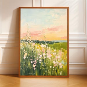 Vintage Wiese Landschaft Kunstdruck, Sonnenuntergang Wildblumenfeld Wanddekoration, rustikale Sommer digitale Kunst