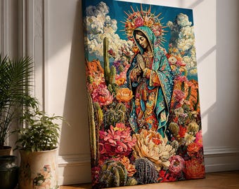 Our Lady of Guadalupe Wall Art Mexican Virgencita Framed Canvas Catholic Religious Floral Decor