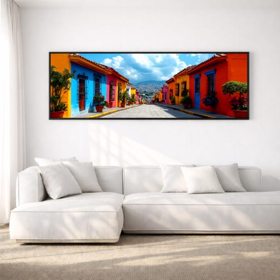 Mexico Street Art Print Panoramic Painting: Vibrant Cityscape Wall Decor (Digital / Canvas / Framed)
