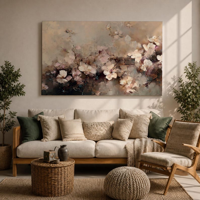 Puede incluir: Una pintura floral abstracta en tonos apagados de beige, marr&oacute;n y rosa cuelga sobre un sof&aacute; crema con varias almohadas. La habitaci&oacute;n est&aacute; decorada con una alfombra tejida, una silla de madera y plantas en macetas, creando un espacio habitable acogedor.