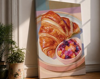 Croissant Canvas Print, Colorful Breakfast Still Life, Fruit Salad Painting, Retro Kitchen Wall Art