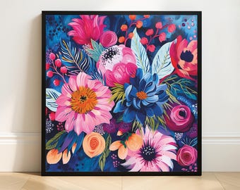 Colorful Floral Botanical Art Print: Vibrant Garden Blooming Flowers Boho Home Decor (Digital Download)