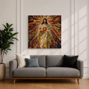 Sacred Heart of Jesus Wall Art Holy Redeemer Framed Canvas Mosaic Catholic Home Decor