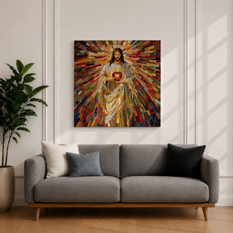 Sacred Heart of Jesus Wall Art Holy Redeemer Framed Canvas Mosaic Catholic Home Decor
