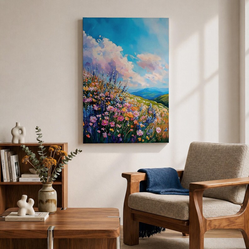 Väggkonst med vildblomsäng Botaniskt landskap Inramad canvas Impasto Landskap Bondgård Heminredning bild 4