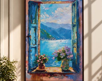 Lake View Window Wall Art, Italian Landscape Painting, Mediterranean Floral Canvas, Colorful Home Decor
