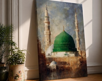 Green Dome Mosque Wall Art Al Masjid Nabawi Framed Canvas Islamic Sacred Decor