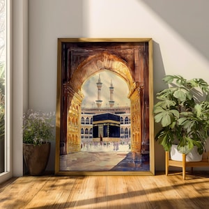 Kaaba Wall Art Archway View Framed Canvas Masjid Al Haram Mecca Watercolor Islamic Decor