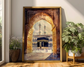 Kaaba Wall Art Archway View Framed Canvas Masjid Al Haram Mecca Watercolor Islamic Decor