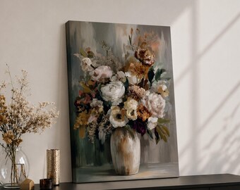 Floral Bouquet Canvas Wall Art, Vintage Flower Painting, Neutral Botanical Print, Moody Floral Decor, Cottagecore Wall Art