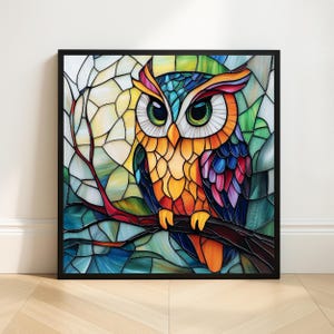 Owl Stained Glass Wall Art Print: Colorful Boho Nature Decor (Digital / Print / Canvas / Framed)