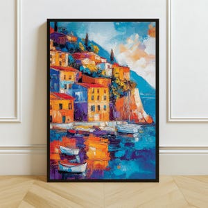Mediterranean Coastal Wall Art – Colorful Italy Village Painting – Digital Art Print – Seaside Landscape Printable