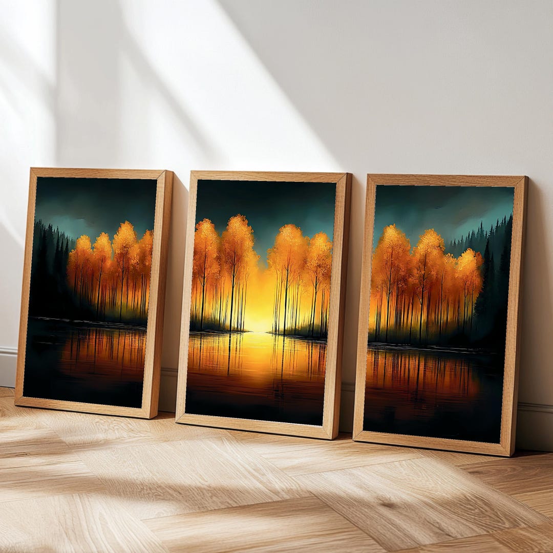 Golden Forest Triptych Wall Art Print Set of 3 | Abstract Digital ...
