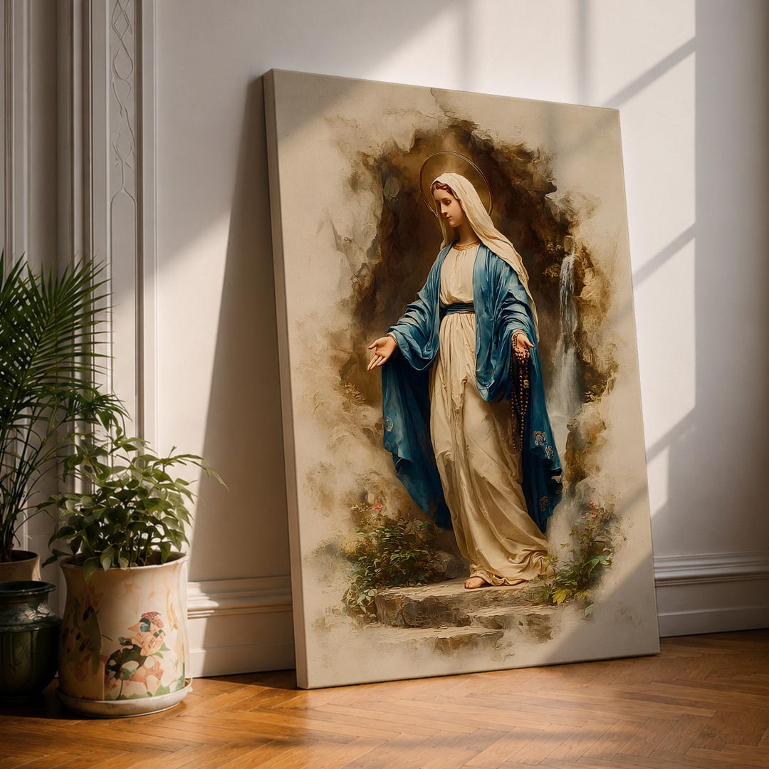Our Lady of Lourdes Wall Art Virgin Mary Framed Canvas Grotto Rosary ...