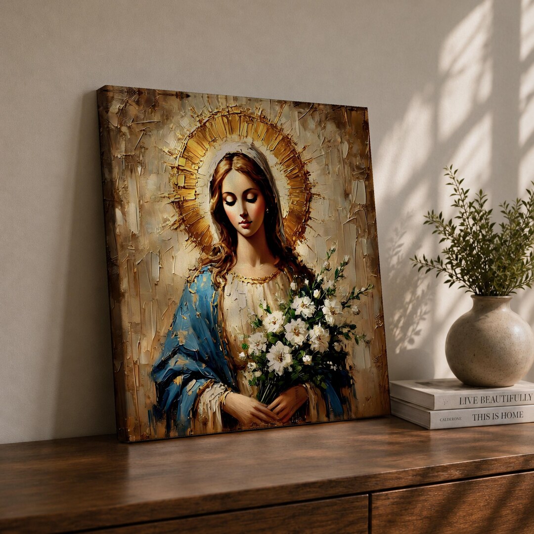 Virgin Mary Wall Art Our Lady of Grace Framed Canvas Impasto Catholic ...