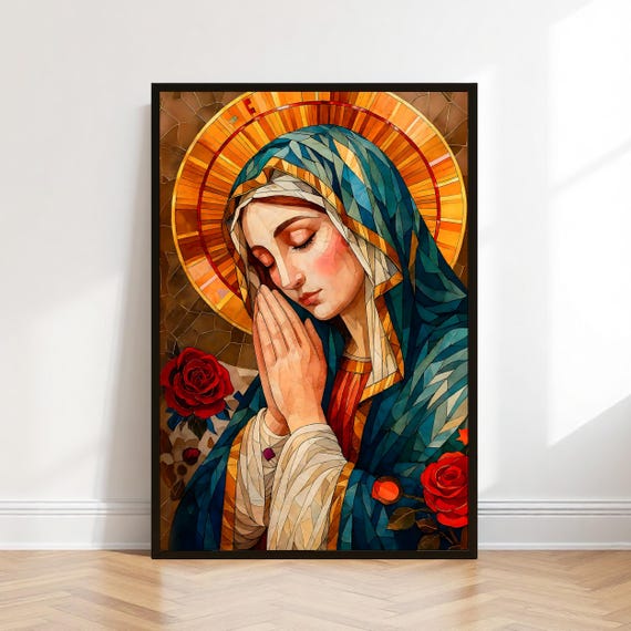 Stained Glass Virgin Mary Art: Blessed Mother Catholic Wall Print