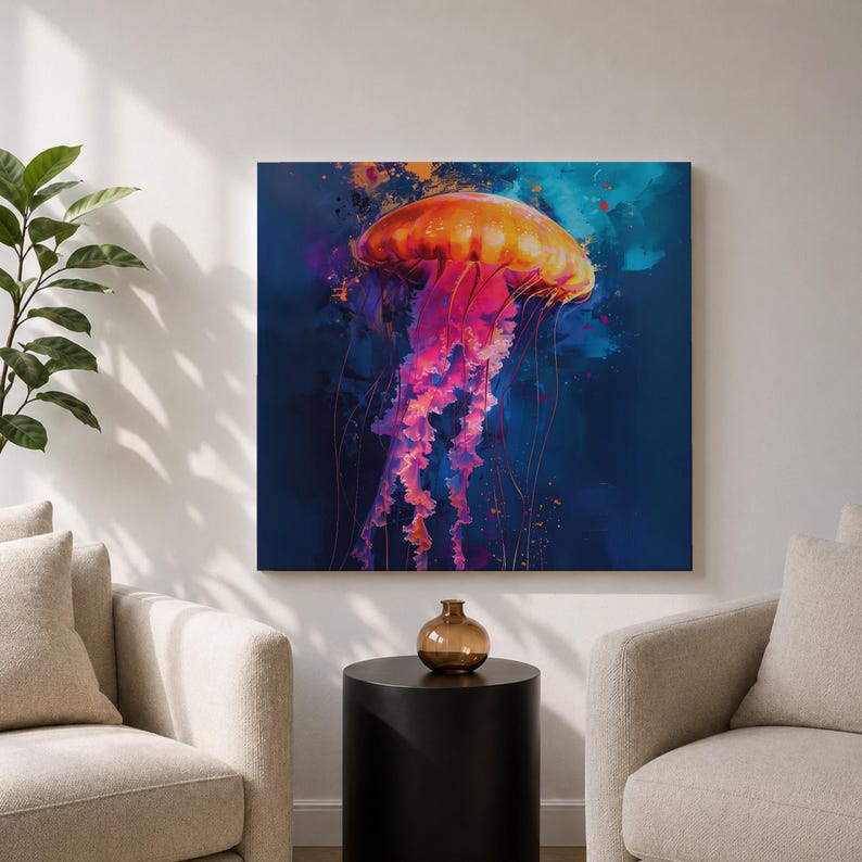 Jellyfish Wall Art Sea Nettle Framed Canvas Marine Life Abstract Ocean Coastal Home Decor