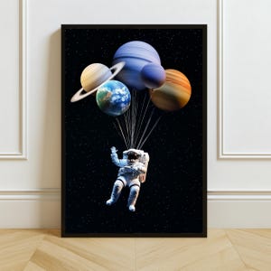 宇宙飛行士の惑星デジタルアートプリント、宇宙の壁アート、シュールなSFプリント、宇宙のホームデコレーション