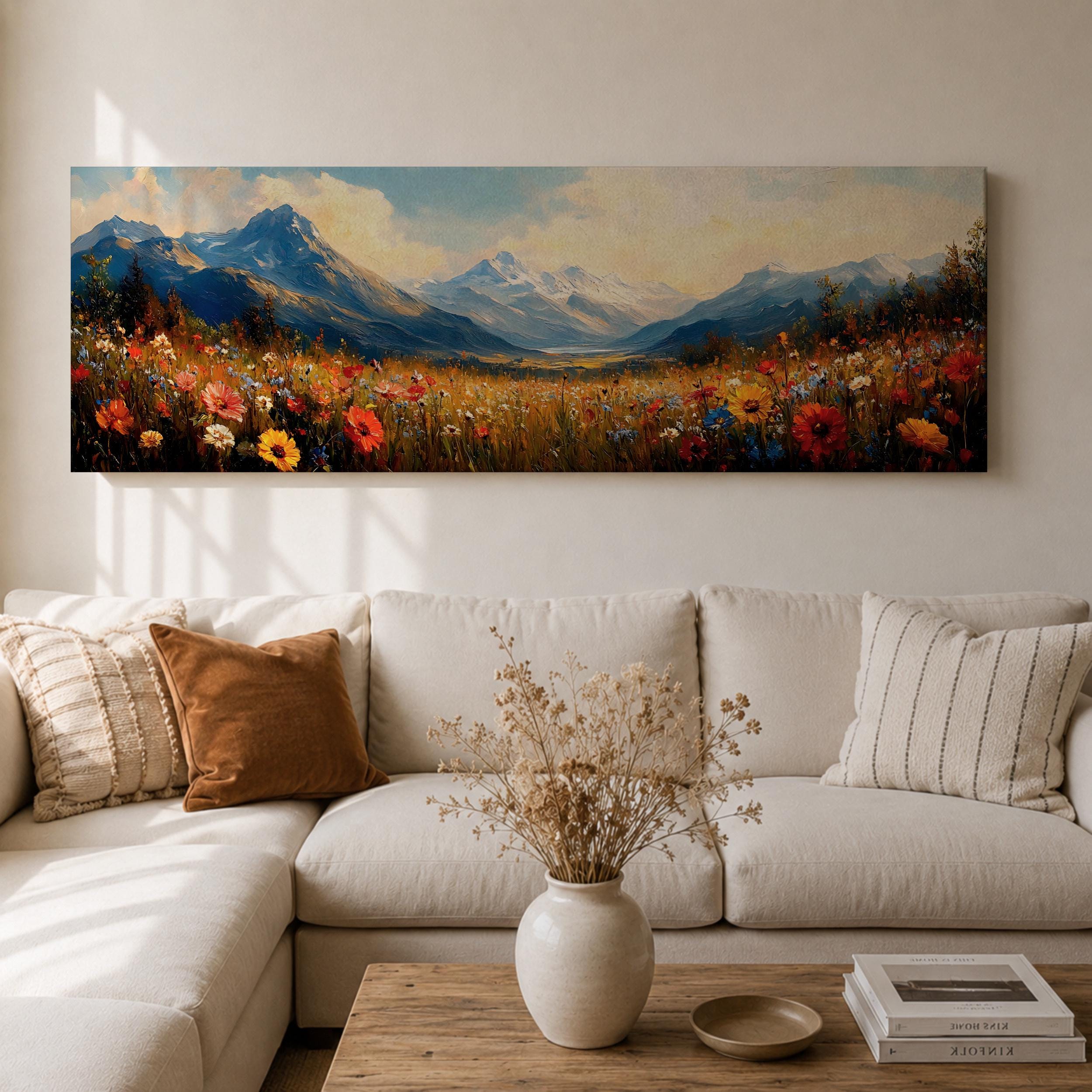 ウッド＆レジンウォールアート(470×320) Long Horizontal Mountain Wall Art, Wildflower Landscape Canvas