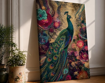 Peacock Canvas Wall Art, Colorful Peacock Print, Boho Floral Wall Decor, Jewel Bird Artwork, Maximalist Nature Art, Elegant Peacock Decor