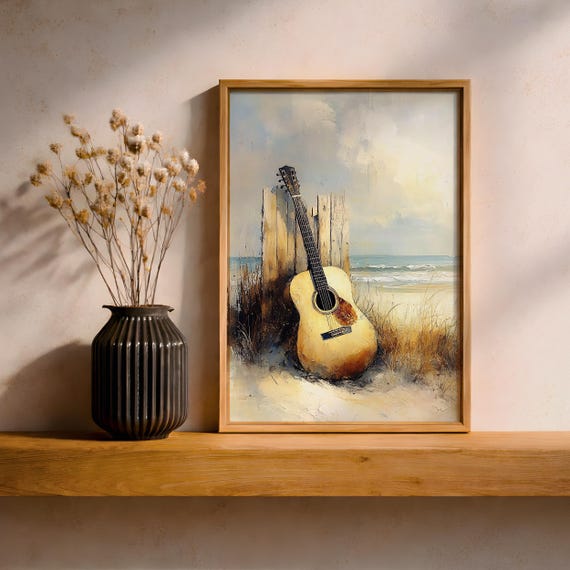 Acoustic Guitar Wall Art Beach Music Framed Canvas Textured