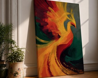 Phoenix Canvas Wall Art, Abstract Fire Bird Painting, Colorful Phoenix Print, Mythical Bird Decor, Red Gold Wall Art, Fantasy Canvas