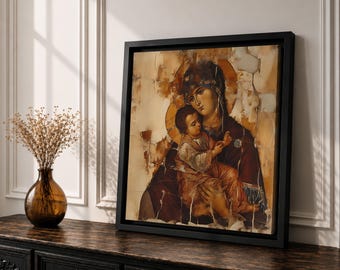 Virgin Mary Wall Art Theotokos Framed Canvas Antique Byzantine Rustic Home Decor