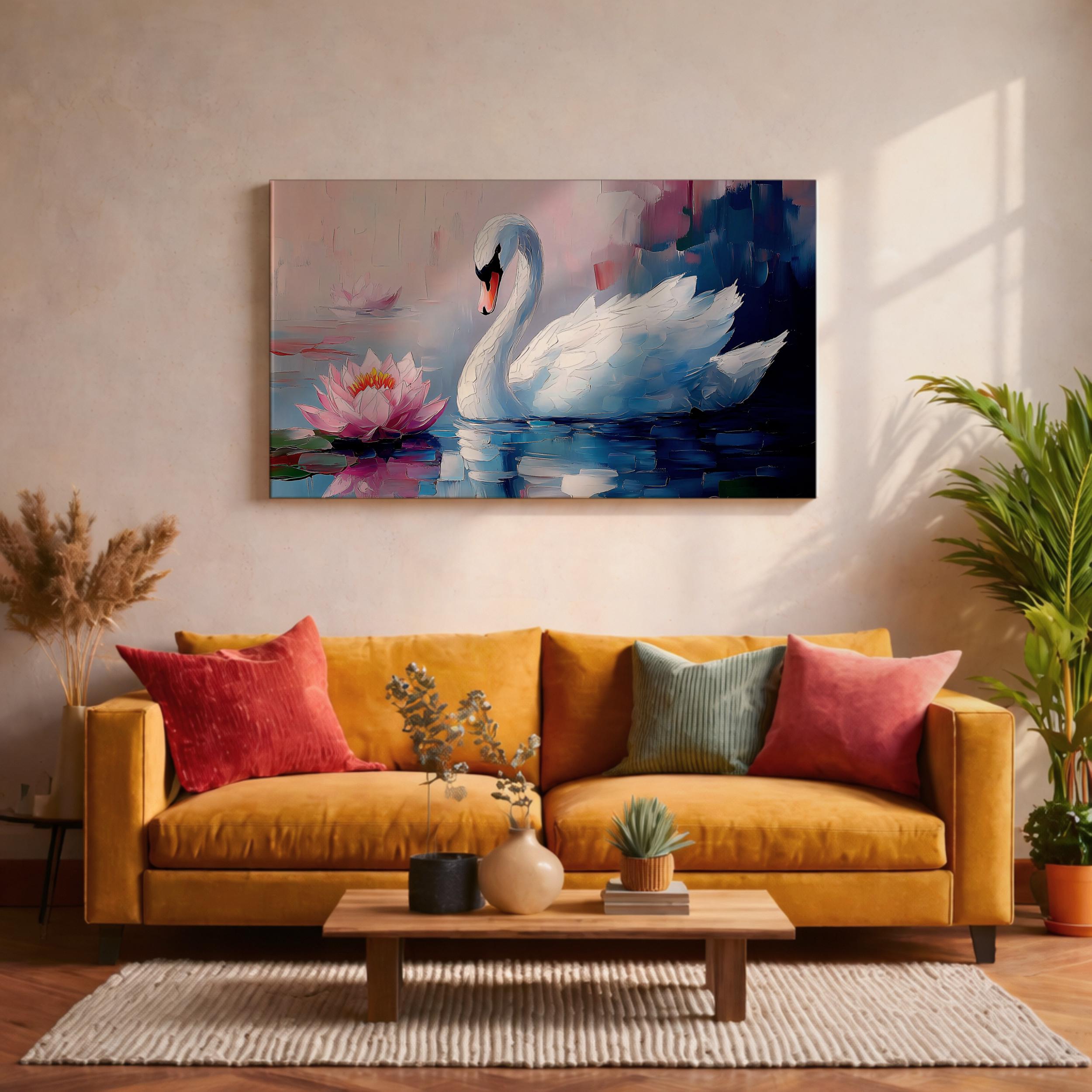 Swan Wall Art Cygnus Framed Canvas Lotus Pond Impasto Serene Zen