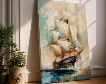 Sailing Ship Wall Art, Vintage Nautical Canvas Print, Maritime Coastal Decor, Ocean Seascape Painting