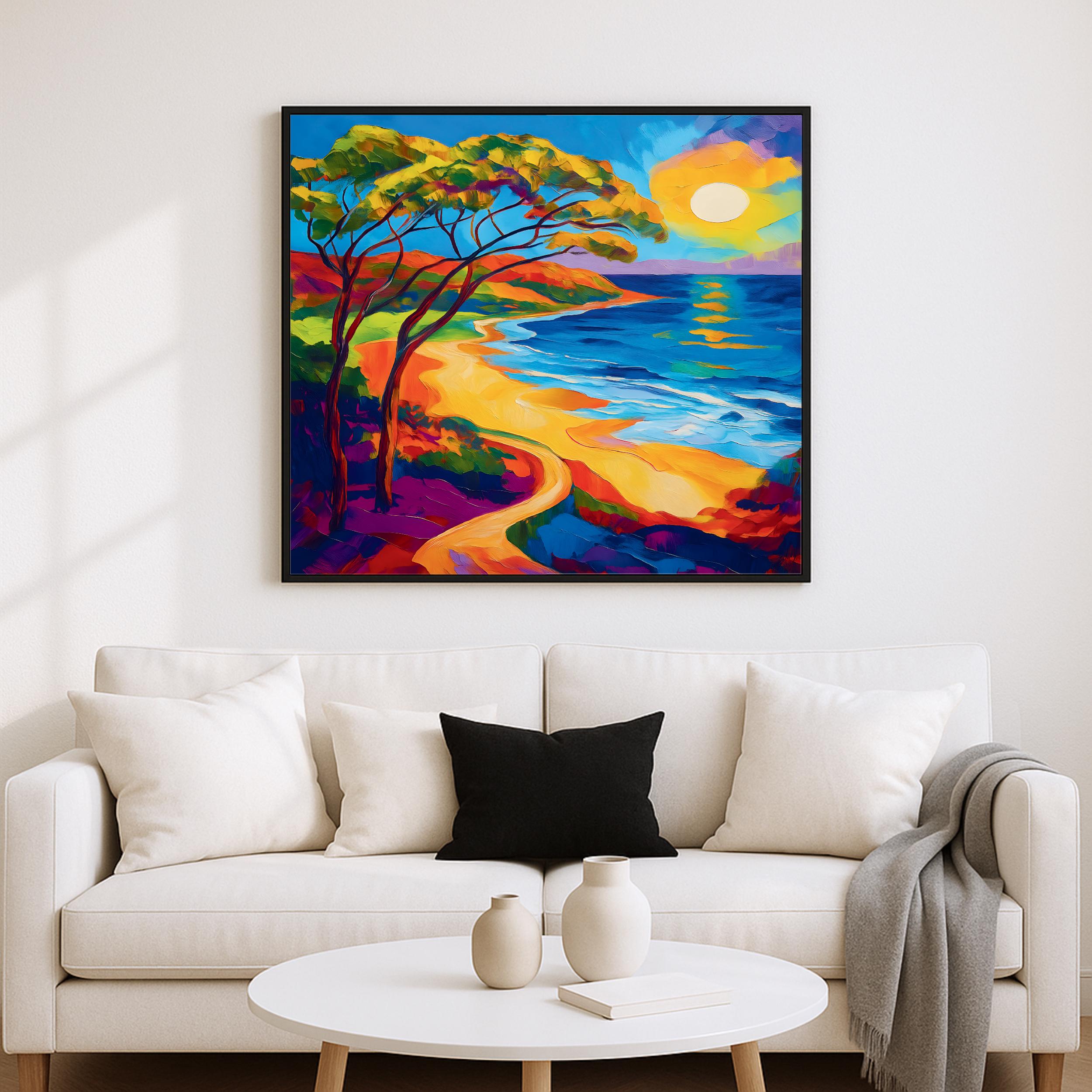 Vibrant Coastal Pathway Art Print: Colorful Ocean Sunset Painting