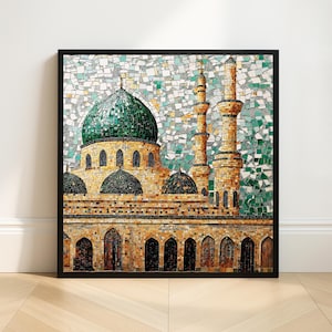 Al Masjid an Nabawi Wall Art | Islamic Digital Mosaic Print | Green Dome Mosque Artwork | Religious Home Decor